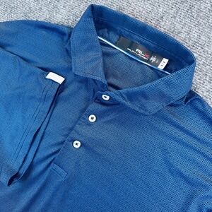 RLX Ralph Lauren Mens L Blue Geometric Print Polo Shirt Half Moon Bay Golf Links